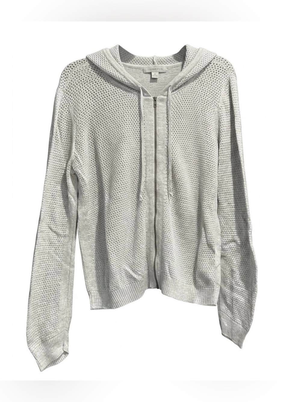 Eileen Fisher Gray Organic Cotton Mesh Open Knit Full Zip Hoodie Sweater Size PL